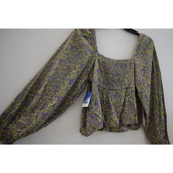 Abound Top Women's Sz S Violet/Yellow Floral Print Square Neck Cropped L/S Top - Picture 3 of 9